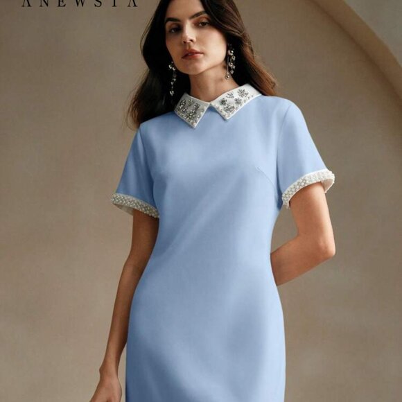 Back to school BabyBlue Rhinestone Collar Dress – NWT 💎 Tory Burch Anthropologie - Picture 1 of 9